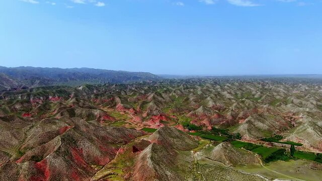 Aerial view of Rainbow Mountain in Zhangye National Geopark, Gansu, China