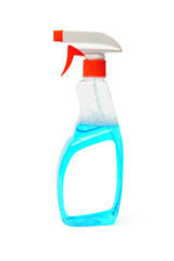 spray bottle mockup with blue liquid and blank label isolated on white background. r.