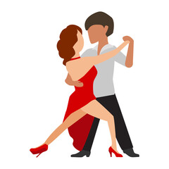 Cartoon flat man and a woman dancing the tango. Can be used for stiker, notebook, banner, card, poster and any design. Elegant couple dancing together. Vector Illustration