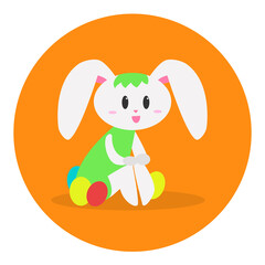 Cartoon flat cute rabbit surrounded by Easter eggs. Design for easter. Can be used to create stickers, postcards, posters, notebooks, notebooks and other things. Vector illustration