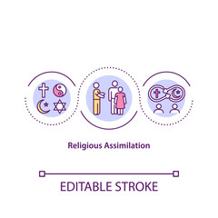 Religious assimilation concept icon. Cultural diversity. Integration of different traditions. Religious issues idea thin line illustration. Vector isolated outline RGB color drawing. Editable stroke
