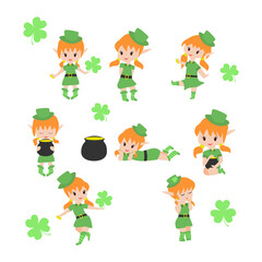 Collection cute little elfs. Design for Patrick day. Can be used for stiker, banner, card, poster and any design. Vector illustration.