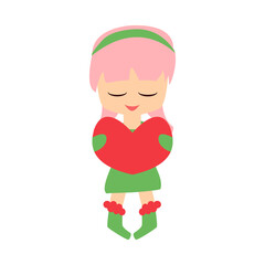 Cartoon flat little cheerful girl holding a heart. Can be used for stiker, notebook, banner, card, poster and any design. Cute smiling lady. Vector Illustration