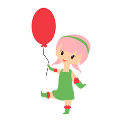 Cartoon flat little cheerful girl is walking with a balloon in her hand. Can be used for stiker, notebook, banner, card, poster and any design. Cute smiling lady. Vector Illustration