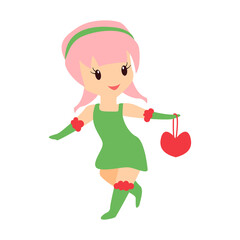 Cartoon flat Little cheerful smiling girl with a purse in her hand. Can be used for stiker, notebook, banner, card, poster and any design. Cute smiling lady. Vector Illustration