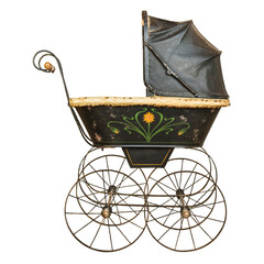 Vintage romantic baby stroller isolated on white