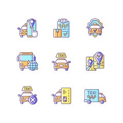 Taxi service RGB color icons set. Party bus. Easy navigation. Cargo taxi. Contactless payment. Convenient service for ordering car. Reliable transportation. Isolated vector illustrations
