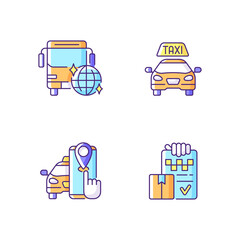 Taxi service RGB color icons set. Easy movement around the city. Convenient transportation. Convenient service for ordering car. Party bus. Taxi tracker. Isolated vector illustrations