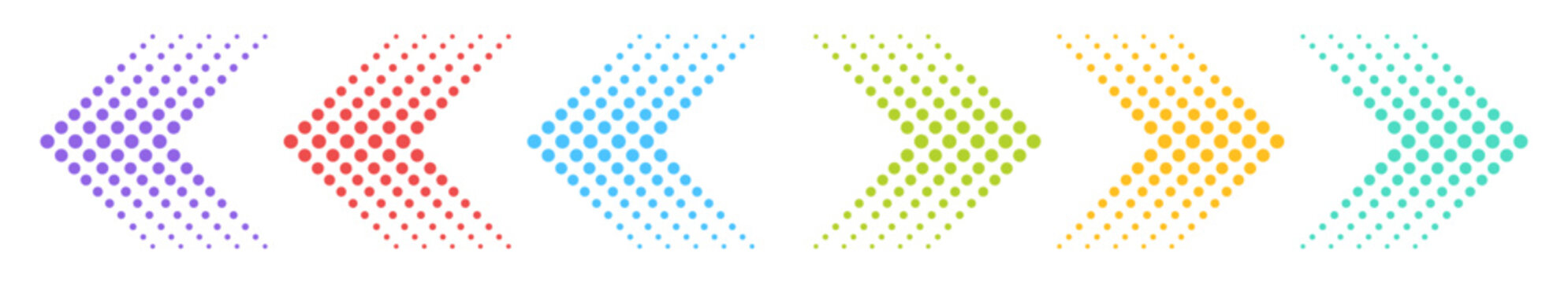 Dotted arrow icon set. Gradient dot vector isolated elements. Arrows halftone effect on white background. Vector illustration.