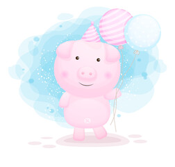 Cute doodle piggy holding balloons cartoon illustration Premium Vector