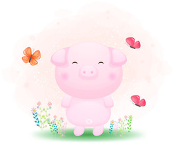 Cute doodle piggy playing with butterfly on the grass cartoon illustration Premium Vector