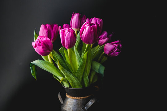 Lilac purple tulip flowers on table. Spring bouquet flowers in vintage vase. Floral concept. Floral background. Dark black background.