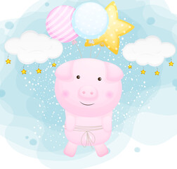 Cute piggy flying with balloons Premium Vector