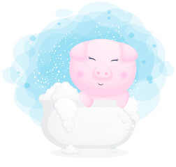 Cute piggy in the bathtub cartoon illustration Premium Vector