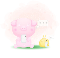 Obraz na płótnie Canvas Cute doodle piggy and chicks holding phone cartoon illustration Premium Vector