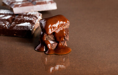Chunks of chocolate in hot chocolate. Melted chocolate.