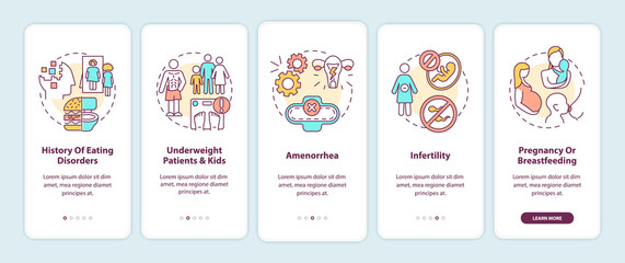 Intermittent fasting precaution onboarding mobile app page screen with concepts. Diet and health walkthrough 5 steps graphic instructions. UI vector template with RGB color illustrations