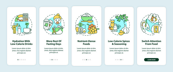 Intermittent fasting tips onboarding mobile app page screen with concepts. Nutrient dense food. Diet walkthrough 5 steps graphic instructions. UI vector template with RGB color illustrations
