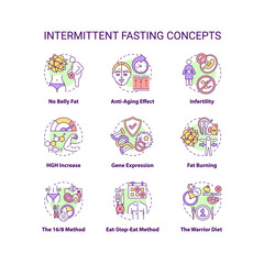 Intermittent fasting concept icons set. No belly fat. Anti-aging effect. HGH increase. Gene expression. Diet idea thin line RGB color illustrations. Vector isolated outline drawings. Editable stroke