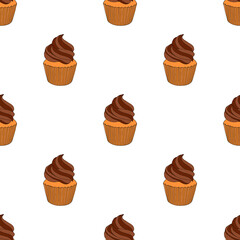 Cupcakes with chocolate cream on a white background. Seamless pattern. Vector hand drawn illustration