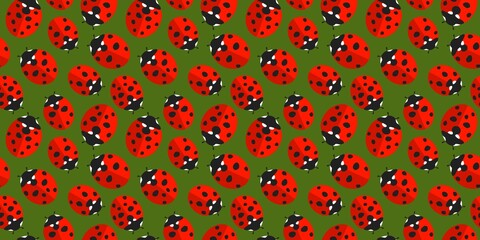 Green And Red Flat Spring Or Summer Seamless Pattern Background With Ladybugs Textile Vector Illustration Art