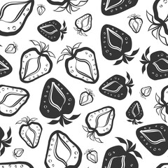 Strawberry linocut seamless vector pattern background. Stencil style hand drawn black berries on white backdrop. Monochrome minimalist design. Garden fruit repeat for farm food market vintage concept