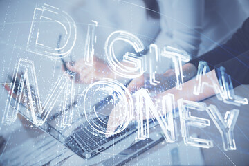 Double exposure of woman hands typing on computer and crypto market theme hologram drawing. Blockchain concept.
