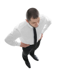 Man in formal clothes on white background, above view