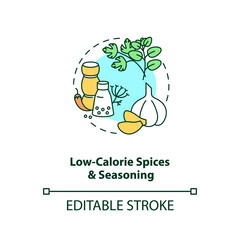 Low calorie spices and seasoning concept icon. Weight loss. Cooking healthy food. Intermittent fasting idea thin line illustration. Vector isolated outline RGB color drawing. Editable stroke