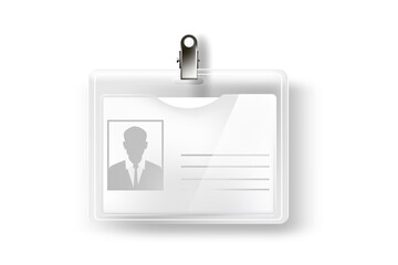 Badge with name or id tag with metal clasp. Identification card with photo and information vector illustration. Plastic mock up template for conference event, office employee pass