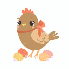 Easter chicken with eggs, cute farm animal. Easter eggs. Cute Cartoon Print