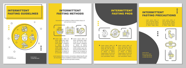 Intermittent fasting tips brochure template. Pros, precautions. Flyer, booklet, leaflet print, cover design with linear icons. Vector layouts for magazines, annual reports, advertising posters