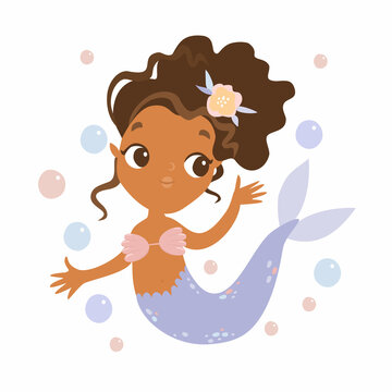 Black history. black little mermaid, cute sea princess. Underwater world. Cute magical mermaid