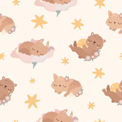 Seamless pattern with sleeping animals. A bunny in a flower, a bear and the moon. Starry sky, a gentle pattern for babies