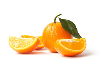 Fototapeta na wymiar Orange fruit with slices and leaves isolated on white background. Fresh citrus composition.