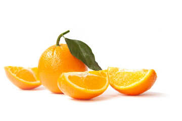 Fototapeta na wymiar Orange fruit with slices and leaves isolated on white background. Fresh citrus composition.