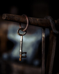 An old rusty key hanging from a metal frame