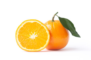 Orange fruit with juicy orange cross section. White background. Fresh citrus fruit. - Powered by Adobe