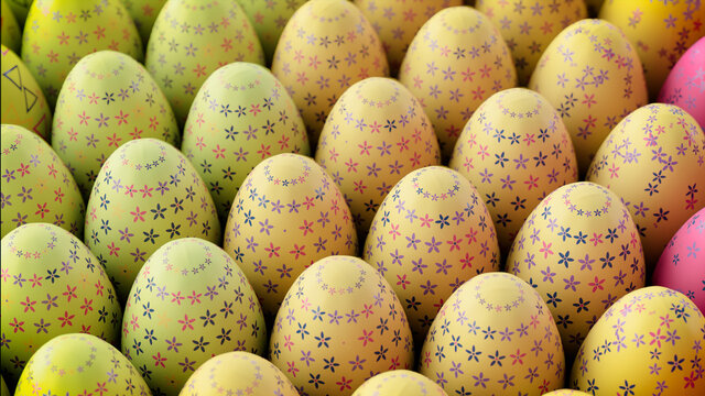 Multicolored, Easter Egg background. Beautiful Yellow, Pink and Navy Eggs with Floral patterns. 3D Render