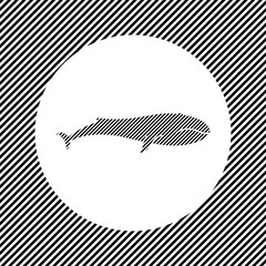 A large whale symbol in the center as a hatch of black lines on a white circle. Interlaced effect. Seamless pattern with striped black and white diagonal slanted lines