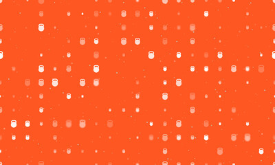 Seamless background pattern of evenly spaced white sports weight symbols of different sizes and opacity. Vector illustration on deep orange background with stars