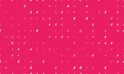 Seamless background pattern of evenly spaced white rocket symbols of different sizes and opacity. Vector illustration on pink background with stars