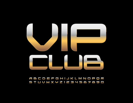 Vector premium sign Vip Club. Chic style Font. Gold Metallic set of Alphabet Letters and Numbers set