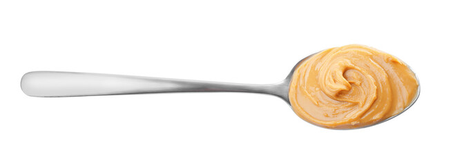 Delicious peanut butter in spoon isolated on white, top view