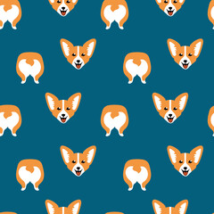 Cute cartoon corgi face and butt in seamless pattern on blue background. Children textile print. Vector illustration.