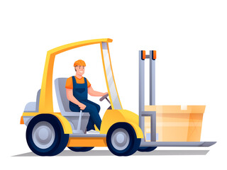 Worker in forklifter tractor cartoon character. Handymen loading cardboard boxes. Storehouse employee using forklifter professional equipment. Distribution, logistics, shipment isolated clipart.
