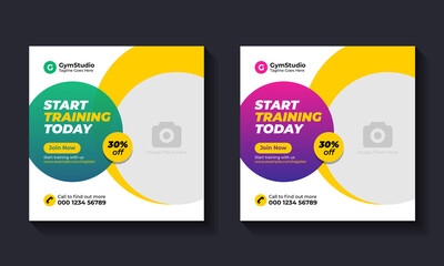Fitness social media post design template. Gym and workout social media banner layout