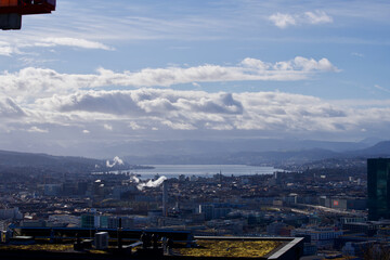 Panorama view over city of Zurich. Photo taken March 12th, 2021, Zurich, Switzerland.