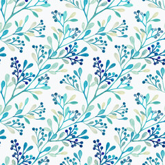 Fototapeta na wymiar Delicate watercolor botanical seamless pattern with twigs and berries on a white background