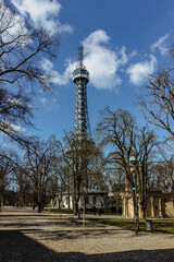 Petrin Lookout Tower, Prague, Czech republic.Steel tower 63.5 metres tall on Petrin Hill built in 1891.Observation transmission tower.Major tourist attraction in Czech capital.Amazing city sightseeing